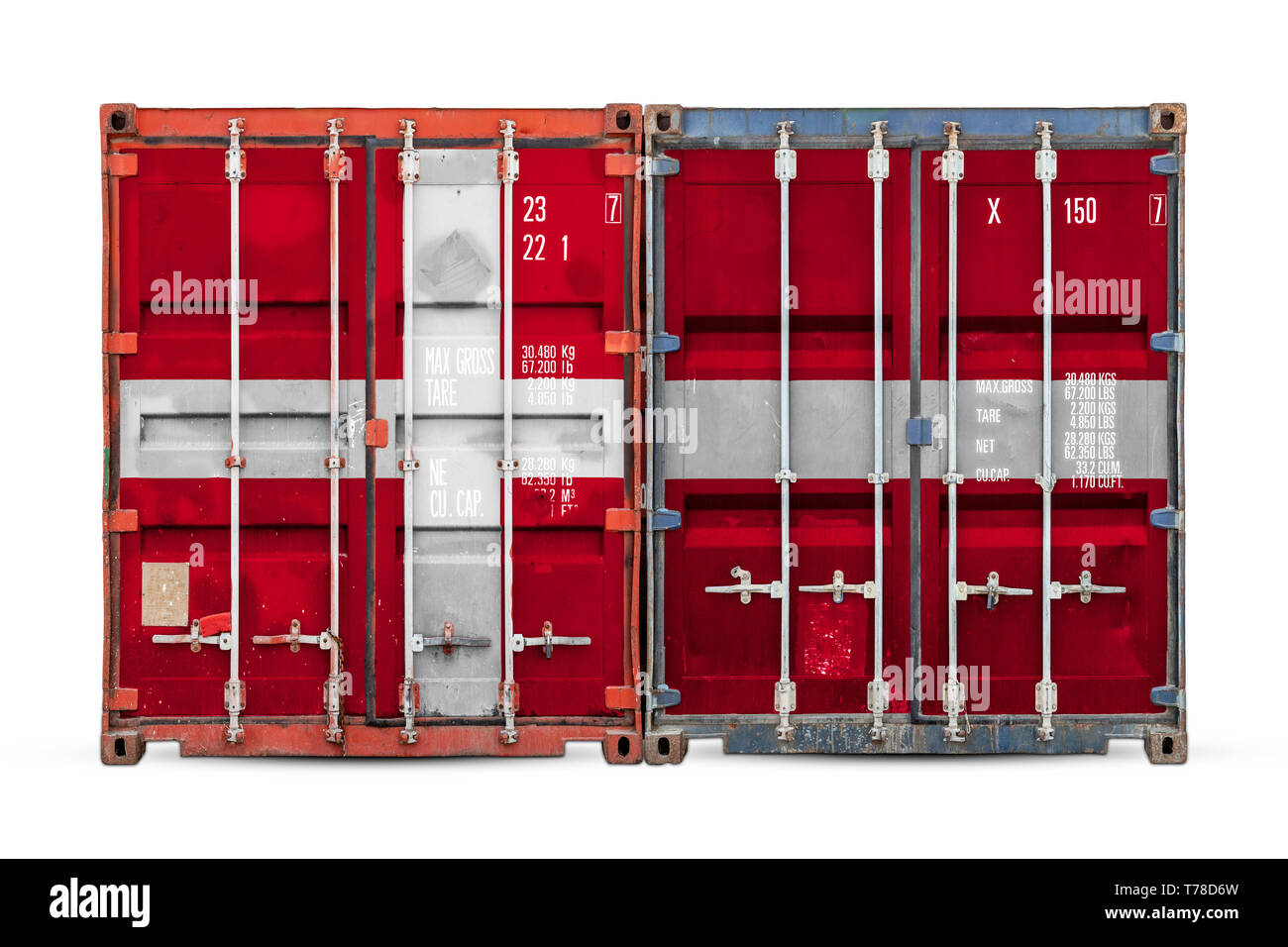 The concept of Denmark  export-import and national delivery of goods. Close-up of the container with the national flag of  Denmark on white isolated b Stock Photo
