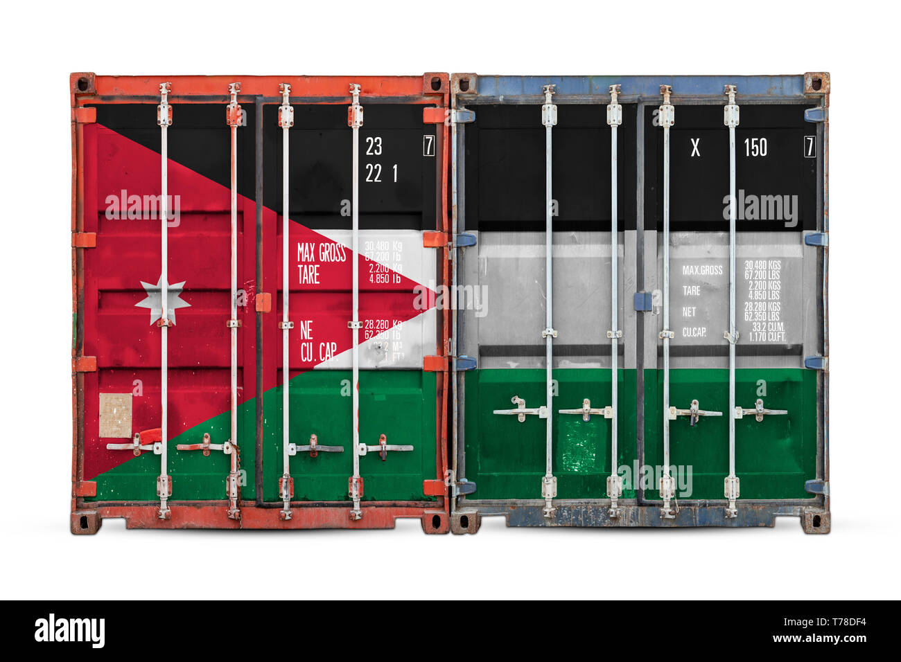 The concept of Jordan export-import and national delivery of goods.  Close-up of the container with the national flag of Jordan on white  isolated back Stock Photo - Alamy