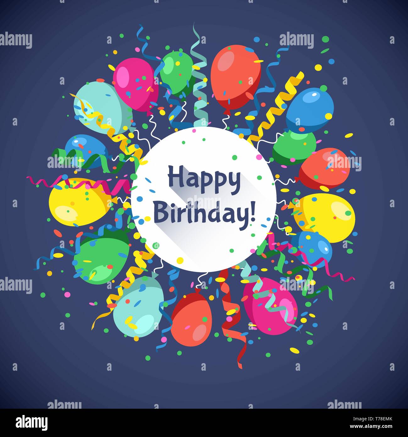 Happy Birthday card with multicolor balls, serpentine and confetti ...
