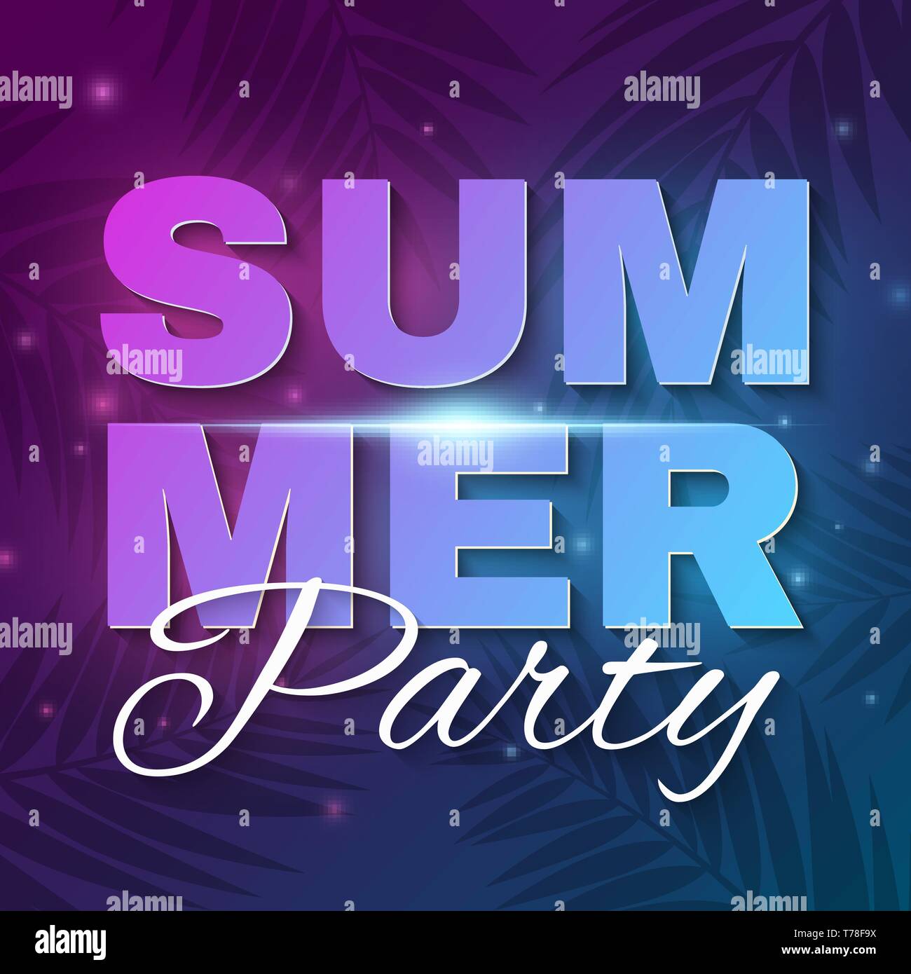 Summer Party banner. Glowing neon text banner with flying luminous lights. Dark blue purple background with palm trees. Dance night party. Flyer for n Stock Vector