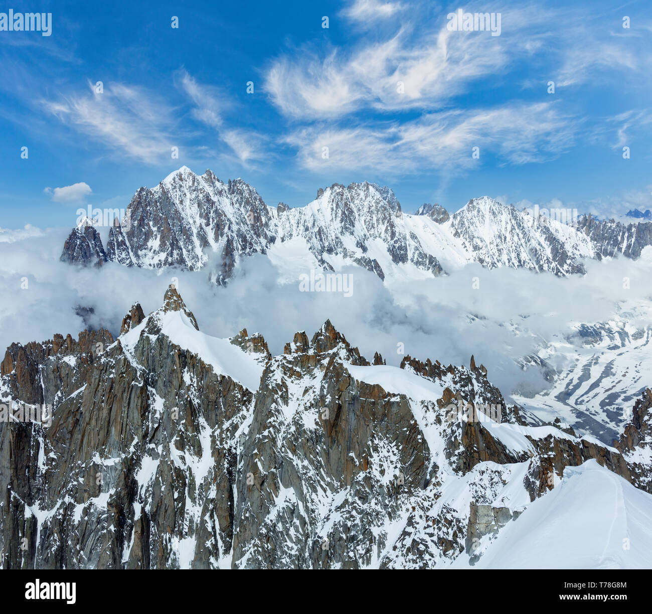 Mont Blanc mountain massif summer landscape (view from Aiguille du Midi ...