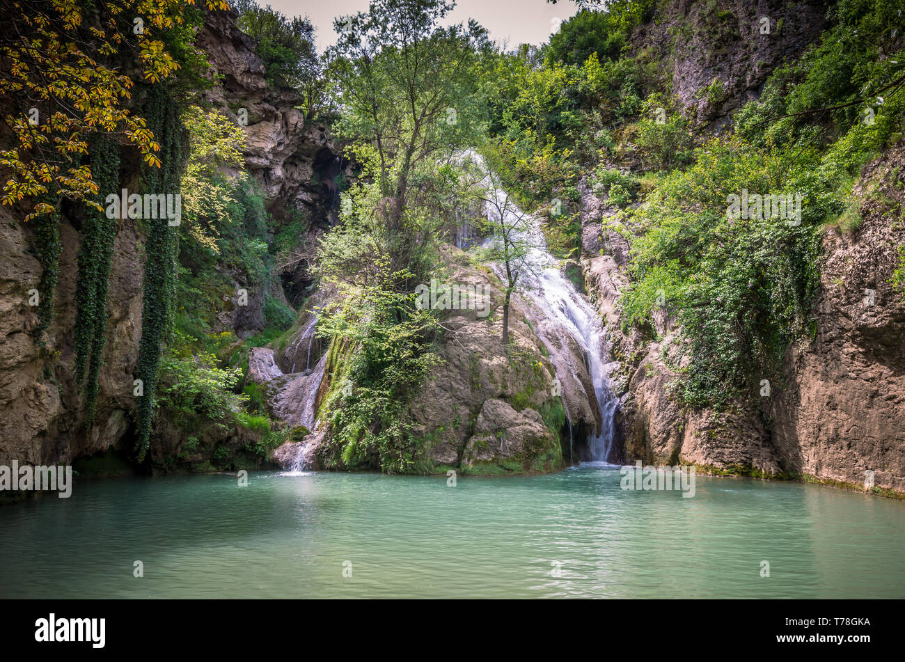 Kaya Bunar Waterfall, Bulgaria. It is located in Hotnitsa Canyon on Bohot river Stock Photo