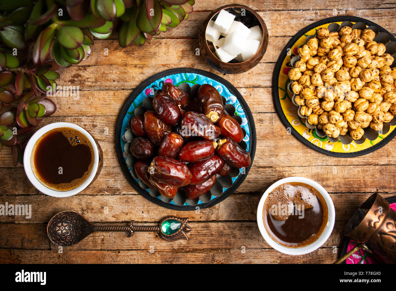 Dates and chickpeas served with Turkish coffee top view Stock Photo Alamy