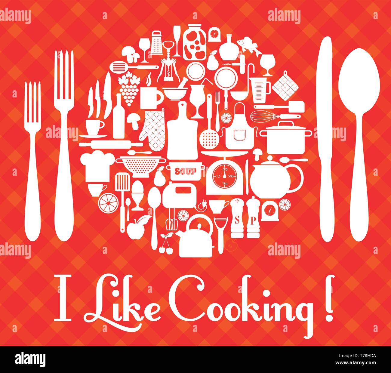 Kitchen set icons of tools. Restaurant background. Stock Vector