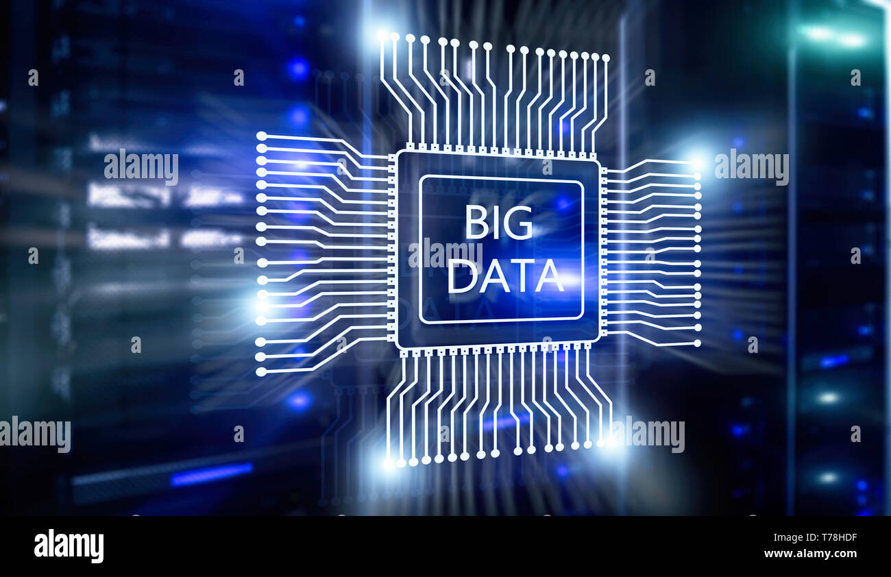 Big Data Concept on modern server room. Blue Technology Background ...