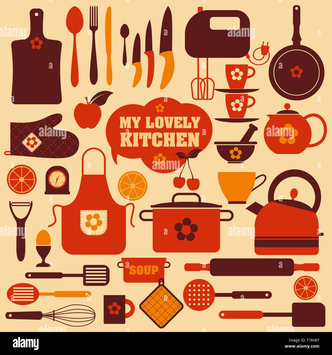 Kitchen icons set of tools. Color vector backround Stock Vector Image ...