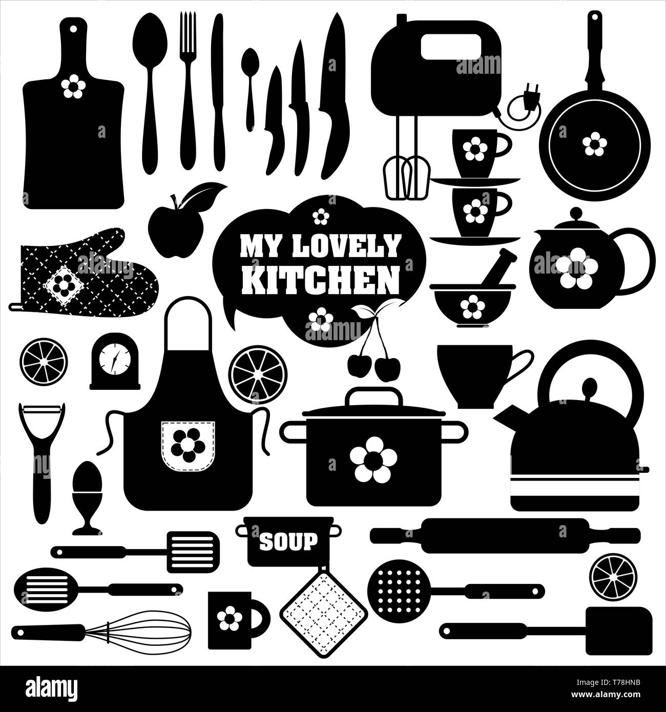 Kitchen icons set of tools. Black vector backround Stock Vector Image ...