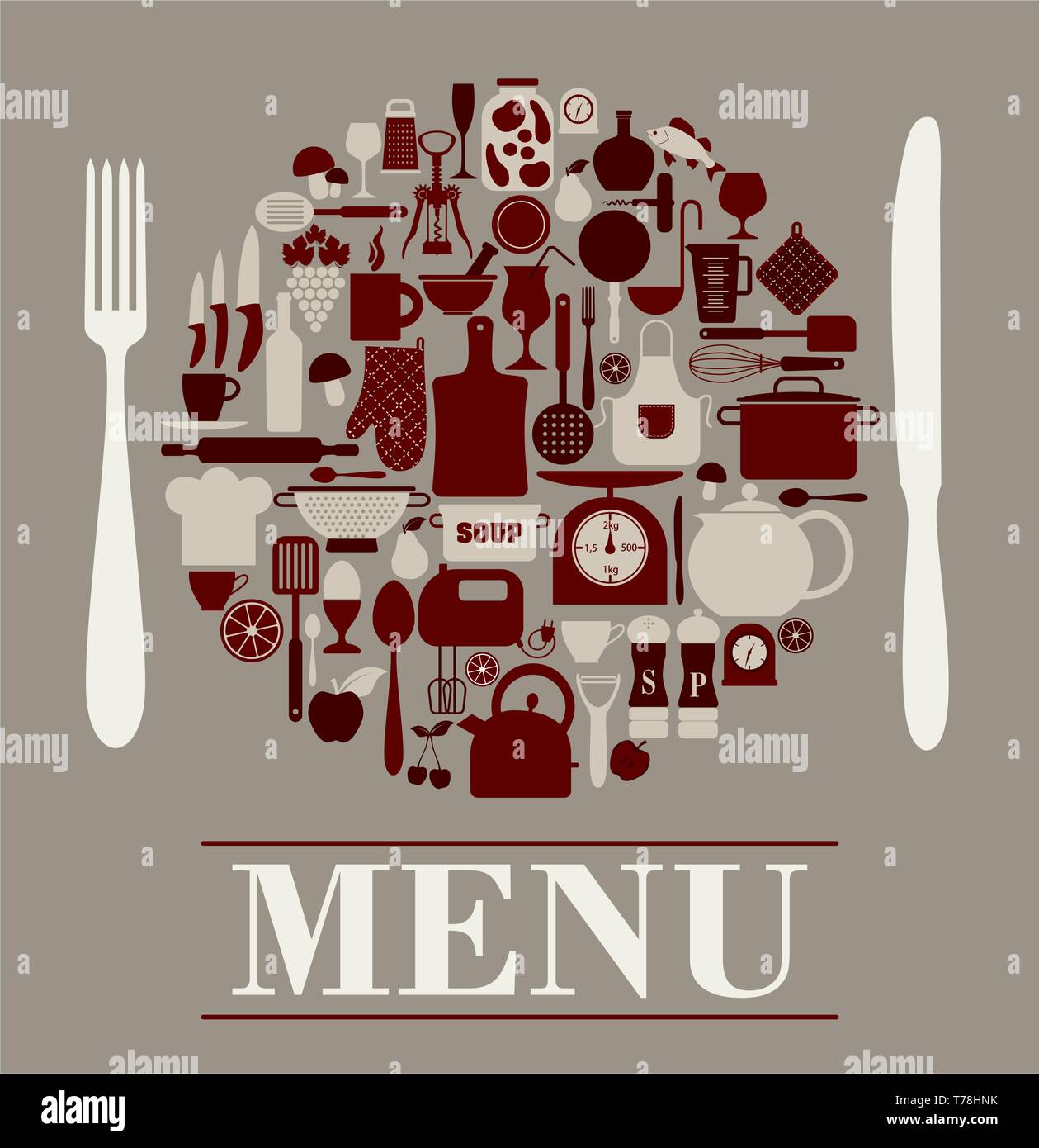 Menu restaurant design set of kitchen tools. Stock Vector