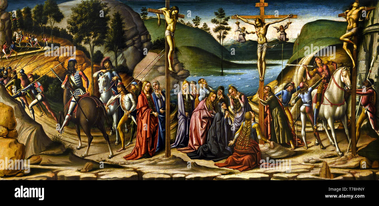 Two angels carrying a cartouche; Christ in the Garden of Olives and the Flagellation; The bearing of the cross; Crucifixion; Joseph of Arimathea and Nicodemus on the way to Calvary. 1492 by Niccolo di Liberatore ( L'ALUNNO ) Foligno in Umbria, born about 1430 - 1502 ( part of Five Images), Italian, Italy, Stock Photo