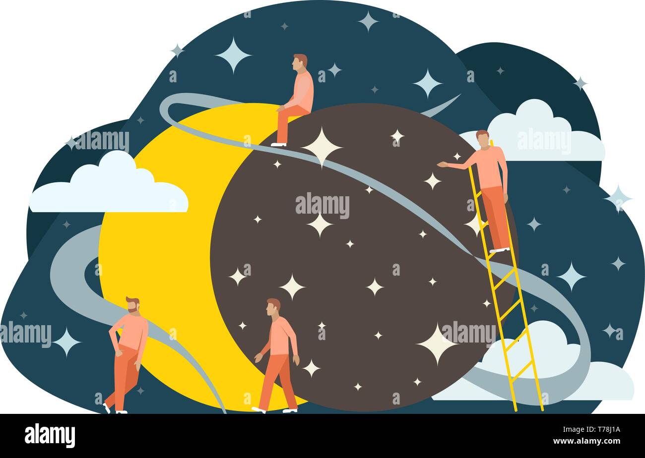 Small people flat astrolomy illustration. Sun eclipse. Flat vector illustration Stock Vector