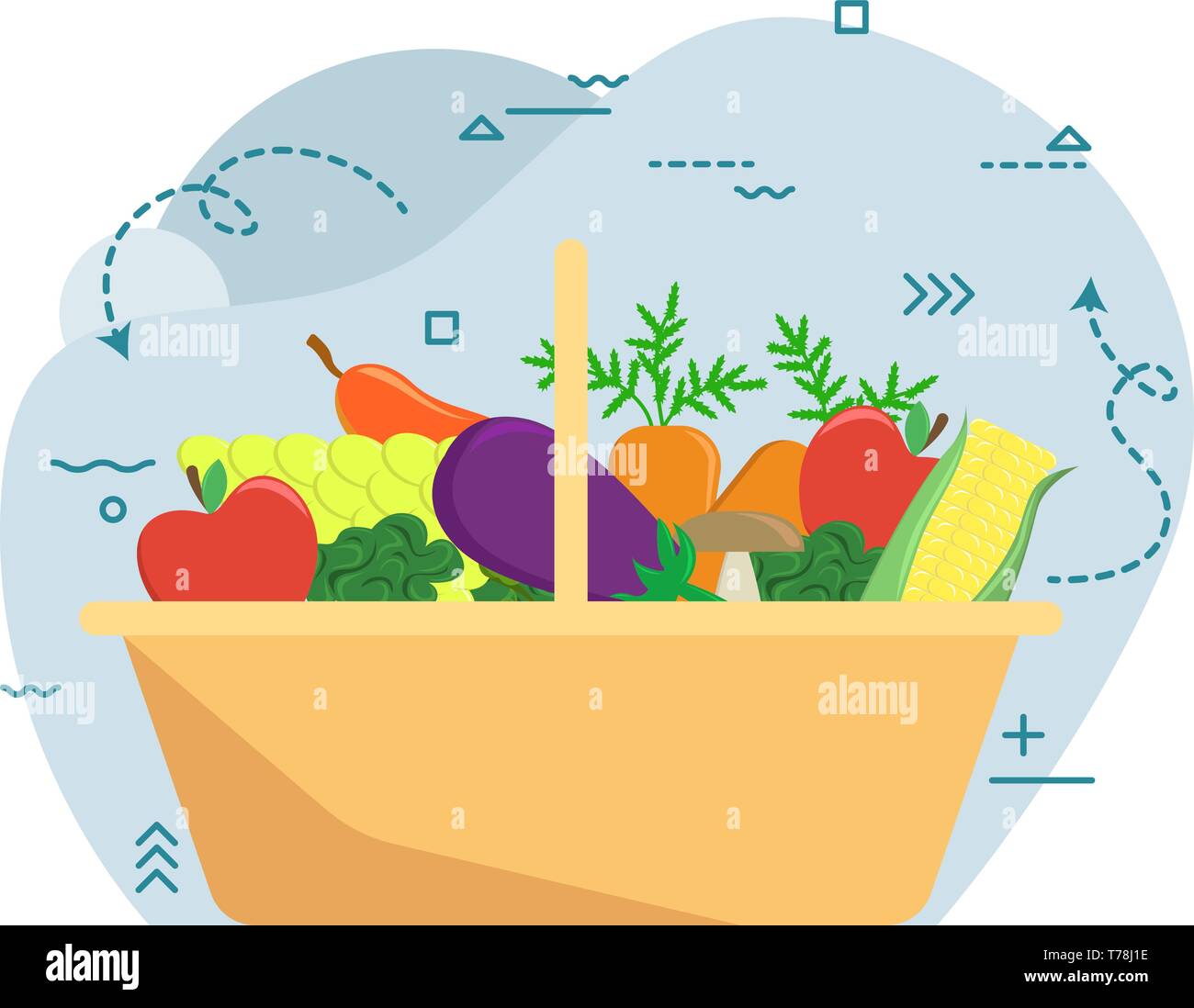 Basket with autumn harvest. Farm fruits and vegetables. Flat vector illustration Stock Vector