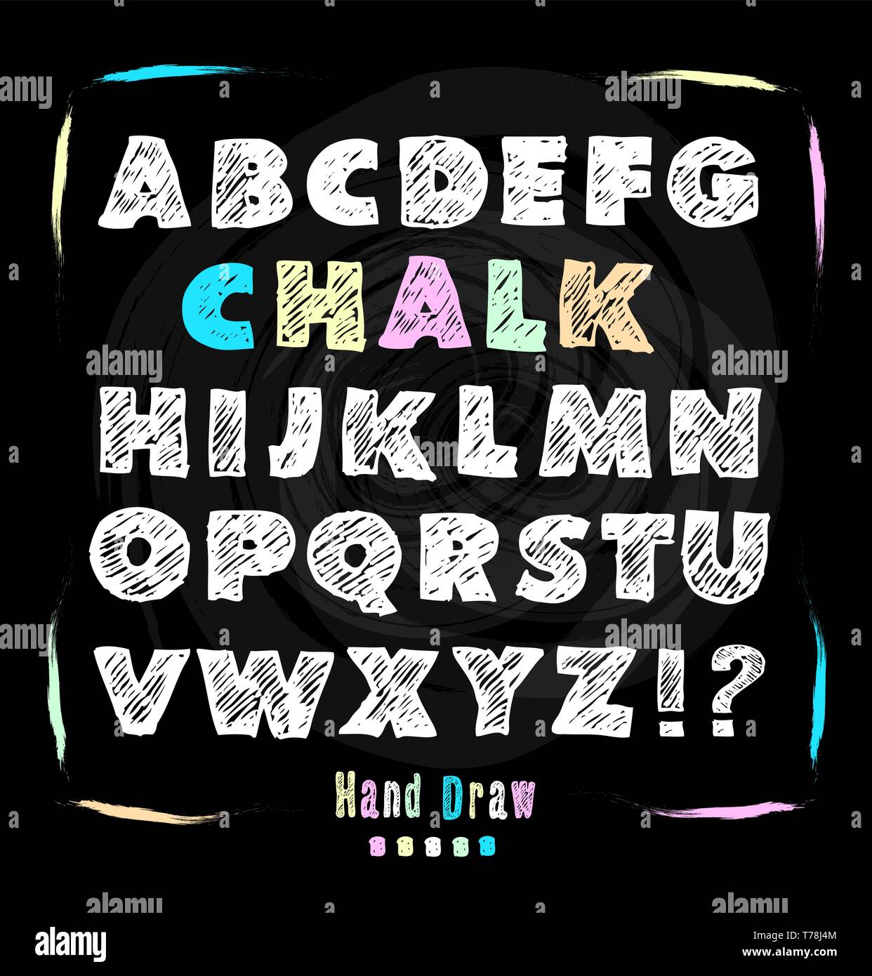 Chalkboard font. Hand draw alphabet. Vector illustration on black texture background Stock
