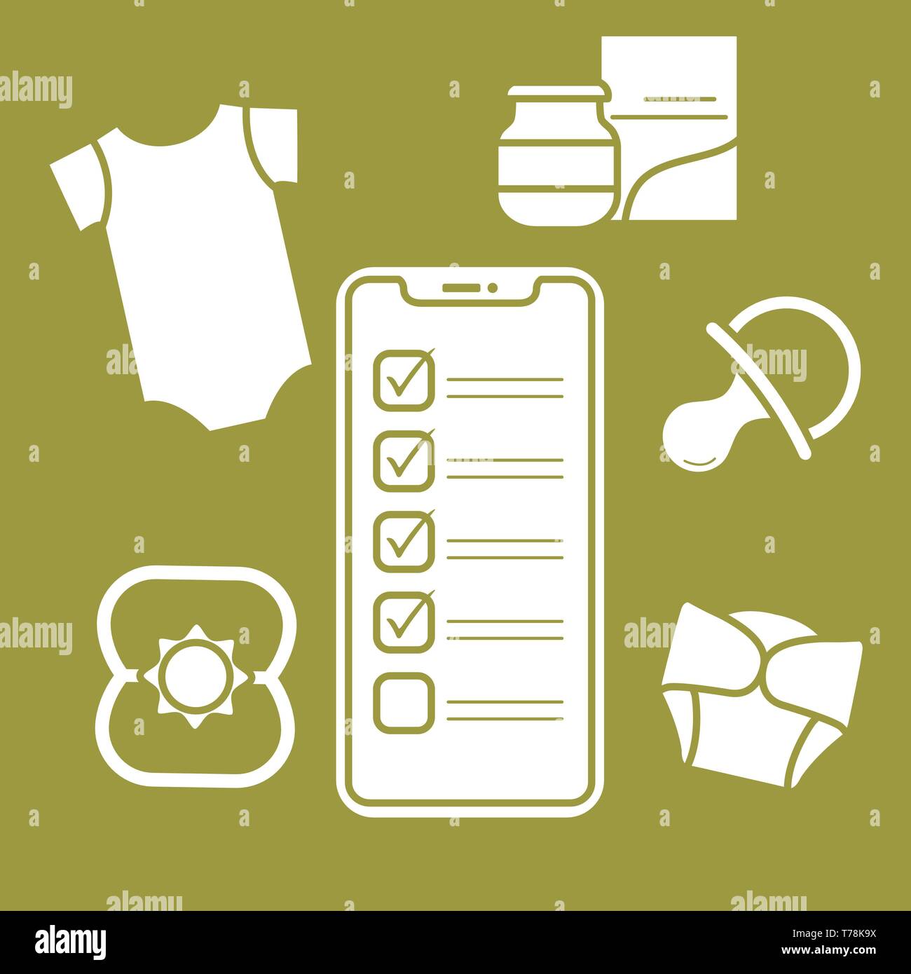 Vector illustration with smartphone with checklist, newborn baby