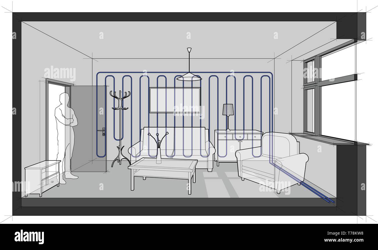 Diagram Of A Single Room Furnished With Sofa And Chair And Table
