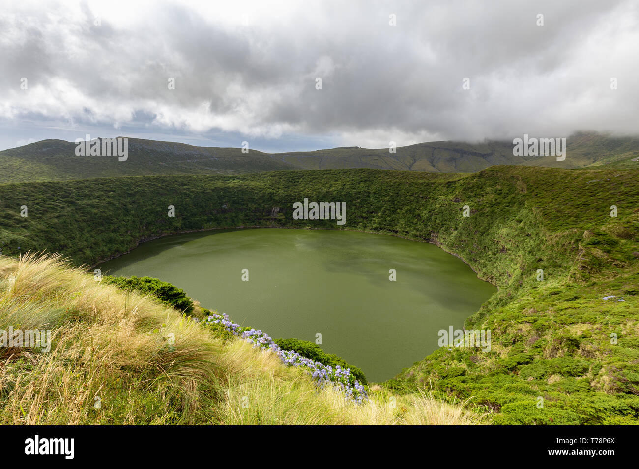 Massive Caldeira Negra crater lake on Flores island in the Azores. Stock Photo
