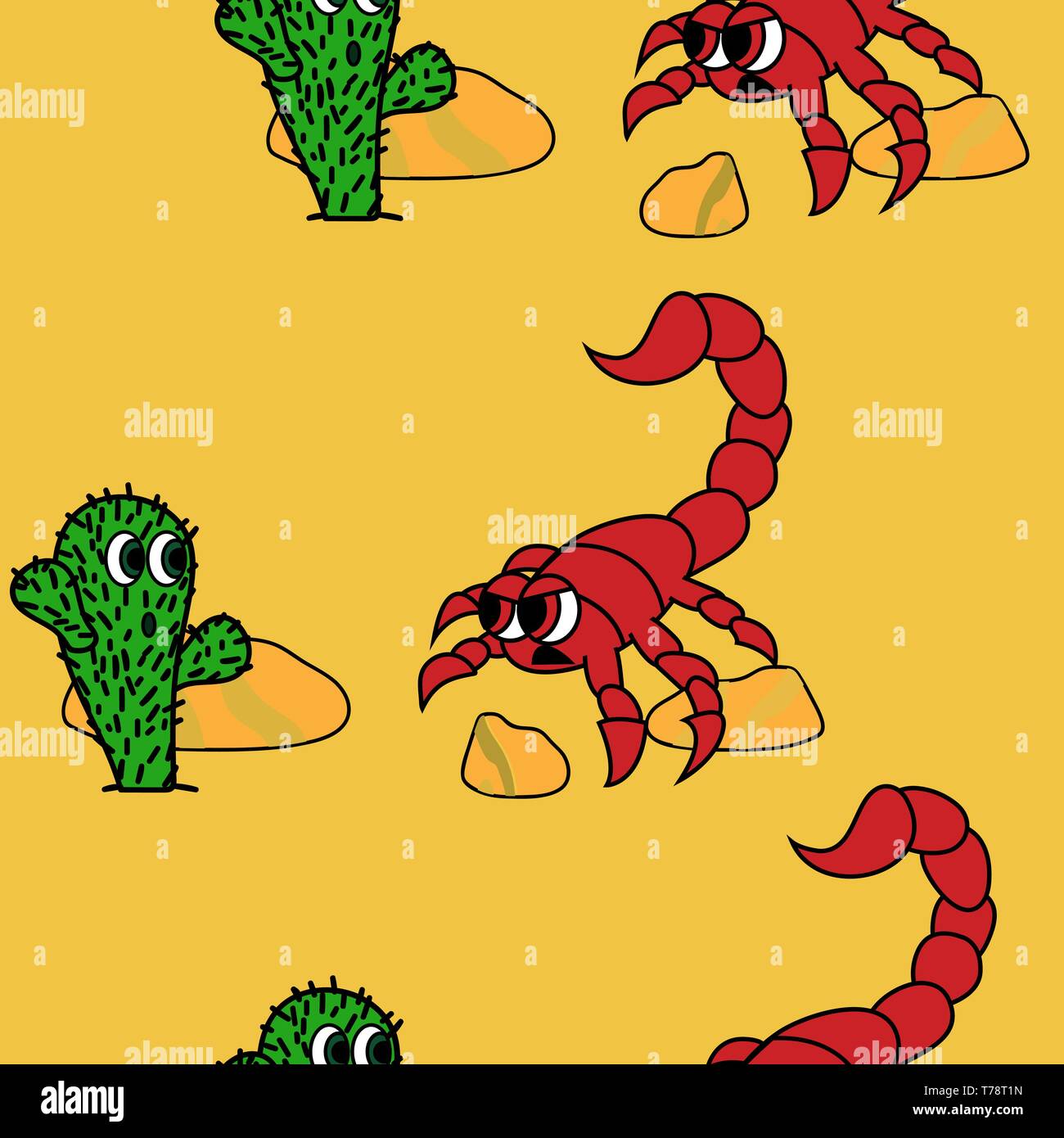 cute cactus and angry scorpion in dessert image. seamless vector pattern Stock Vector