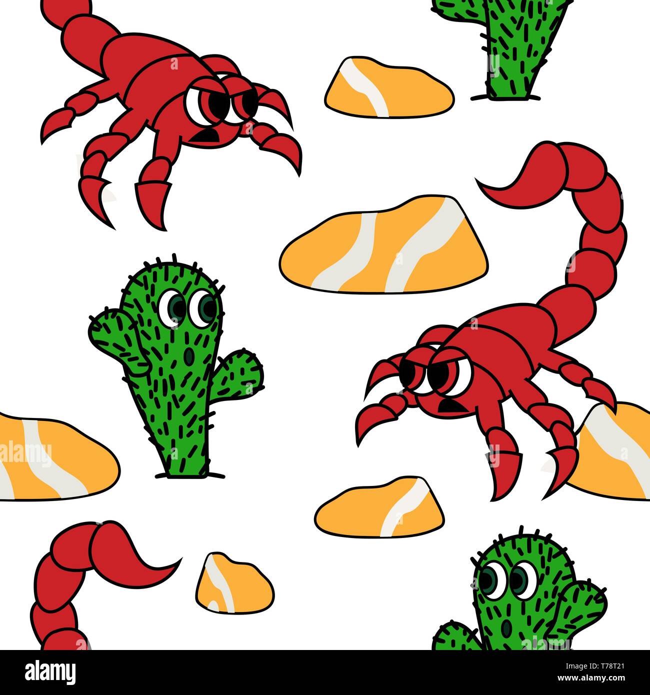 cute cactus and angry scorpion in dessert image. seamless vector pattern Stock Vector
