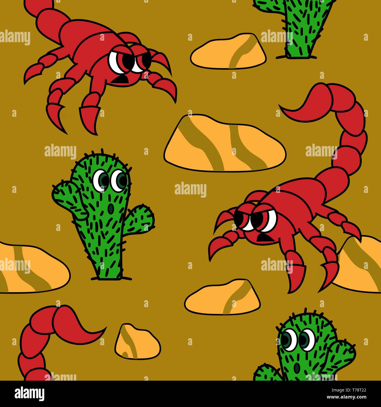 cute cactus and angry scorpion in dessert image. seamless vector pattern Stock Vector