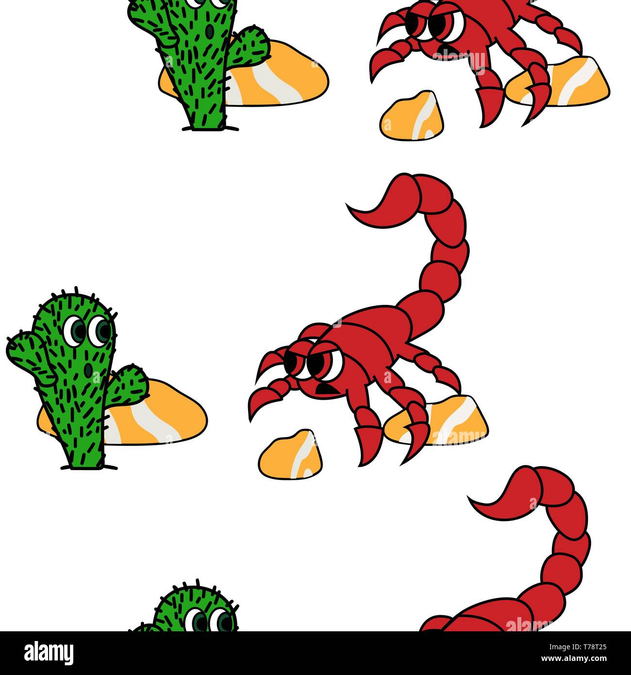 cute cactus and angry scorpion in dessert image. seamless vector pattern Stock Vector