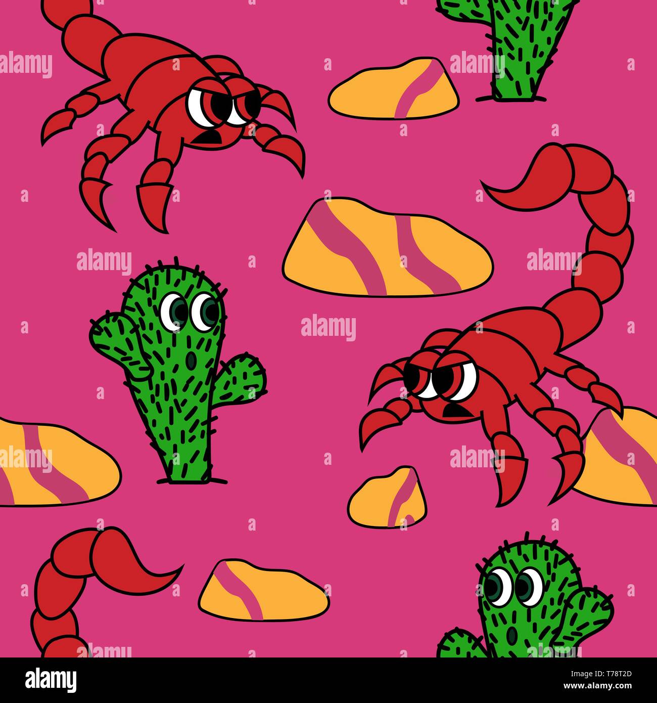 cute cactus and angry scorpion in dessert image. seamless vector pattern Stock Vector