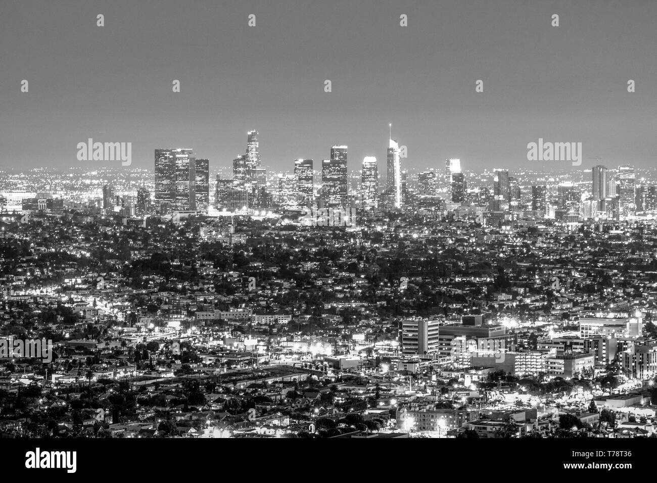 Downtown Los Angeles by night - aerial view Stock Photo