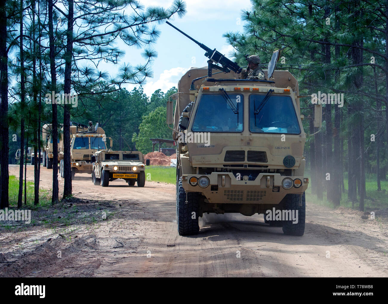U.S. Army National Guard Soldiers with Hotel Company, 230th Brigade Support Battalion (attached to the 218th Maneuver Enhancement Brigade, South Carolina National Guard), conducted convoy live-fire operations at Fort Stewart, Georgia May 2, 2019 that sharpened their defense and communication skills during annual training in preparation for an upcoming deployment. (U.S. Army National Guard photo by Brian Calhoun, 108th Public Affairs Detachment) Stock Photo