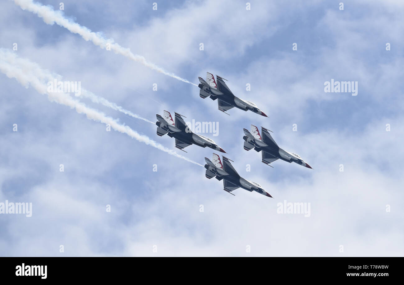 The U.S. Air Force Thunderbirds fly in formation during a practice