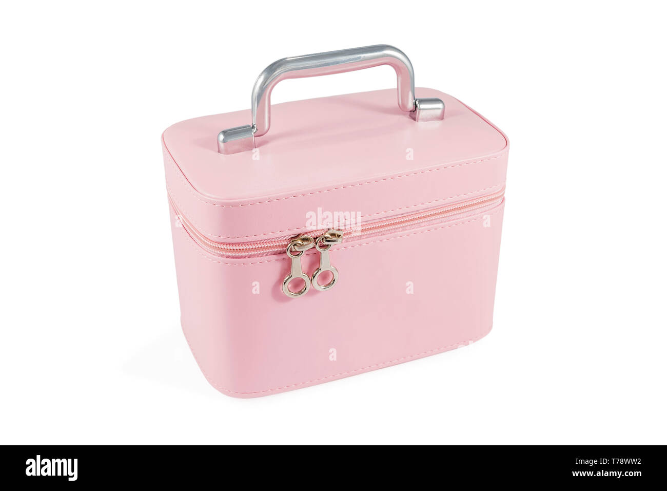 Closed pink bag for cosmetics on zipper, isolated on white background Stock Photo