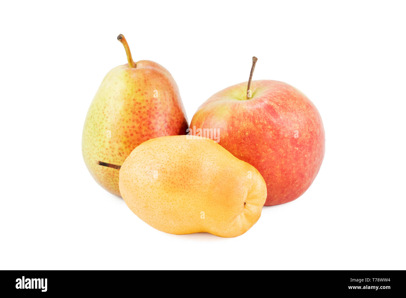 red apple and two yellow pears of different varieties isolated on white