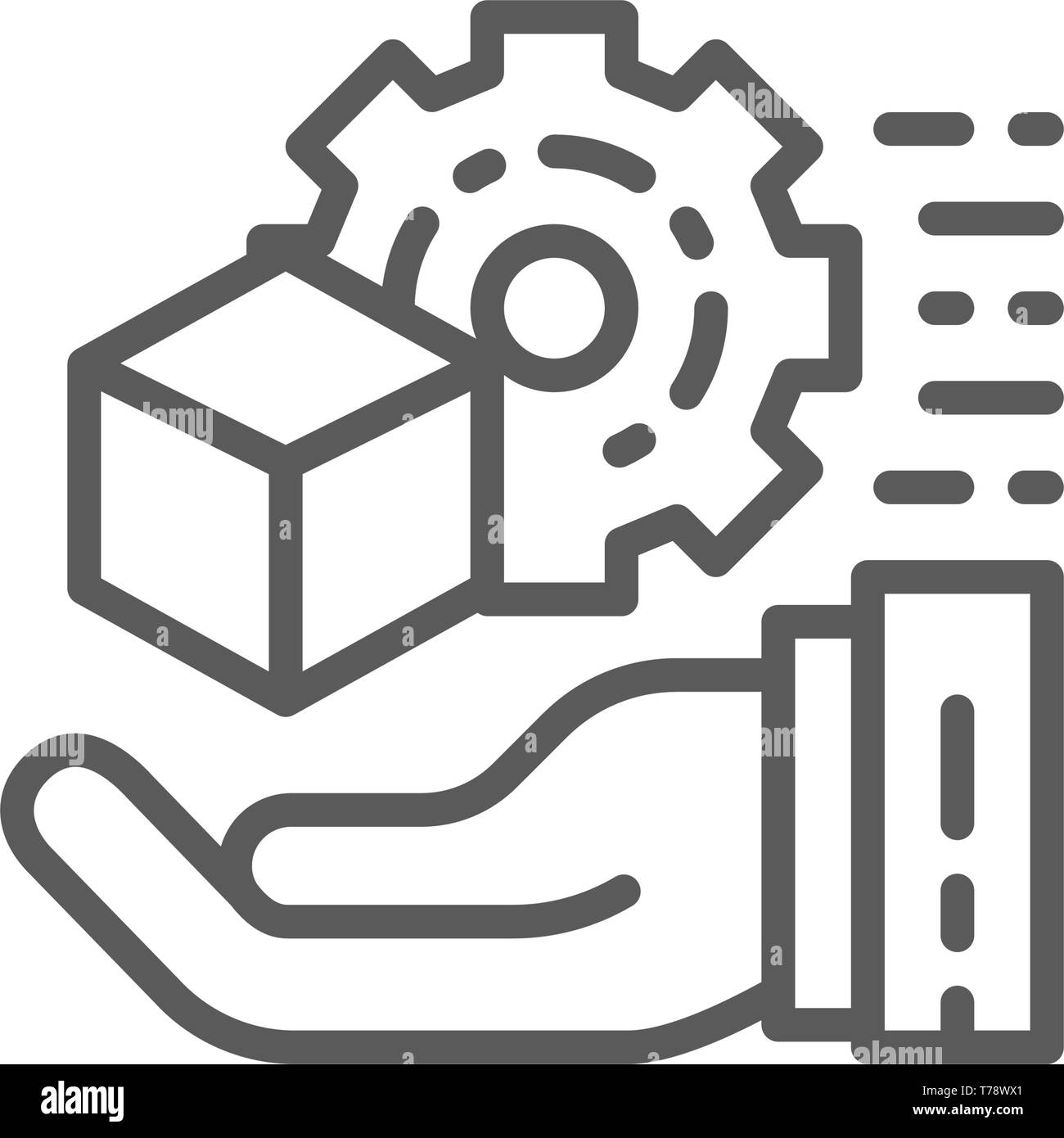 Hand with gear wheel and cube, engineering tools concept line icon. Stock Vector