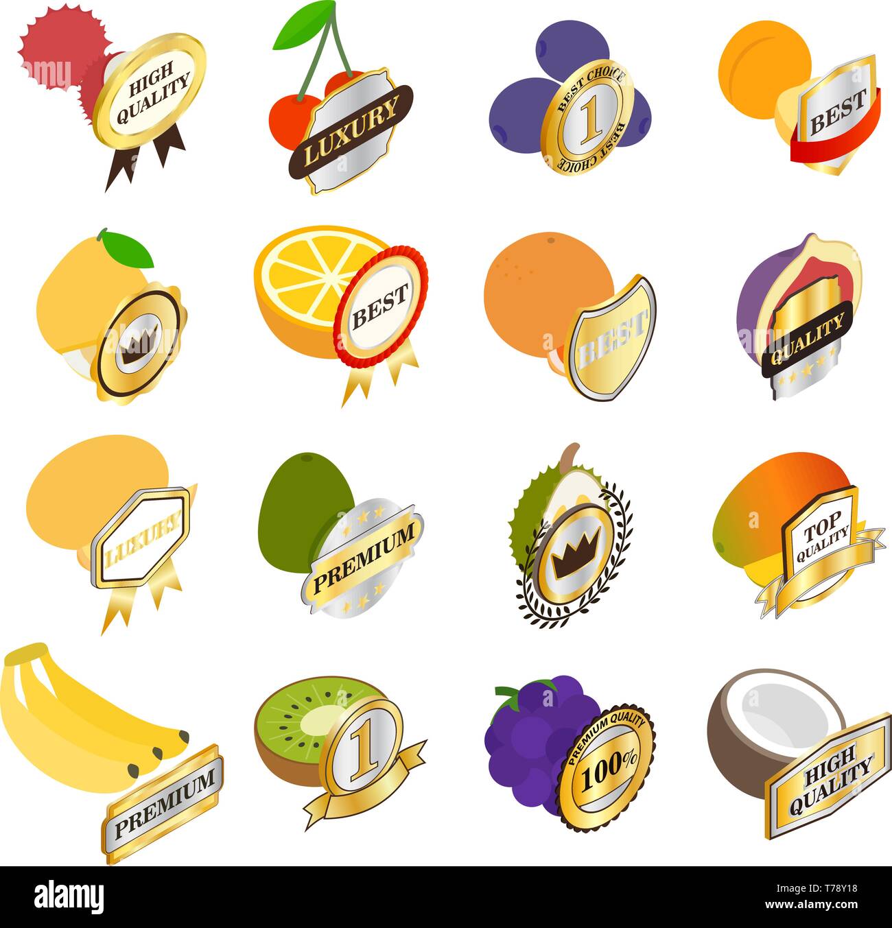 Quality fruit icons set, isometric style Stock Vector