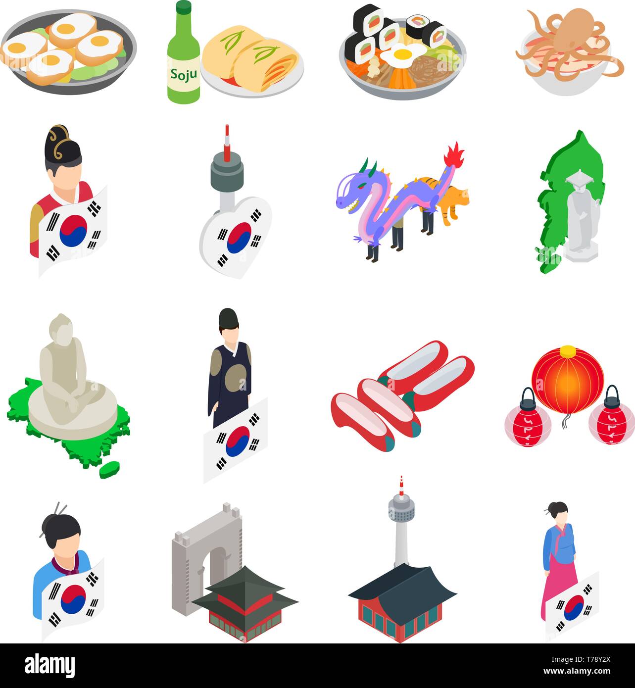 Korea icons set, isometric style Stock Vector
