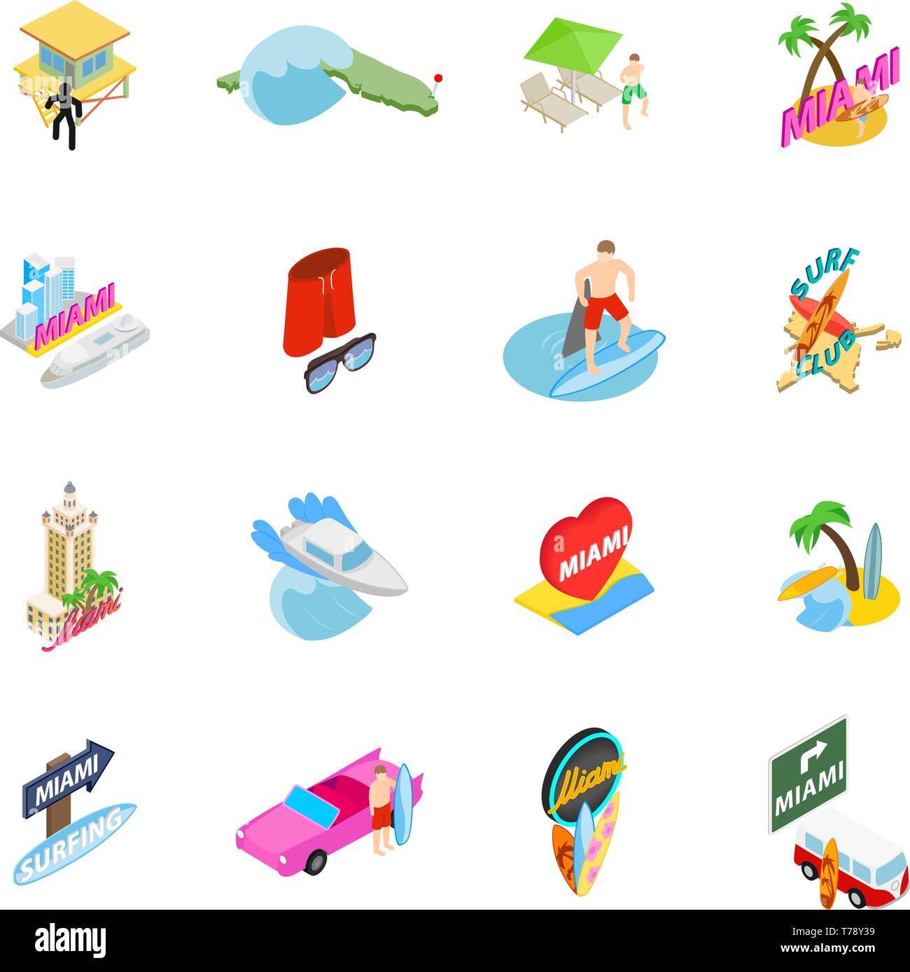 Miami trip icons set, isometric style Stock Vector