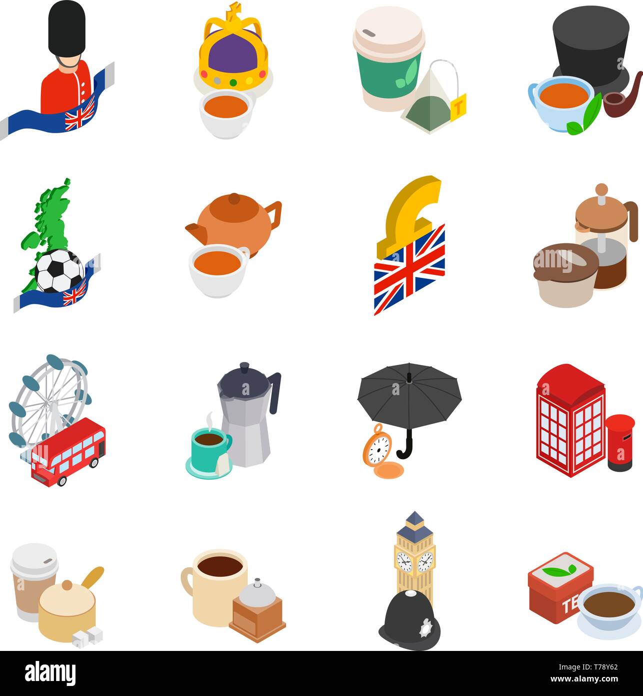 Great britain icons set, isometric style Stock Vector