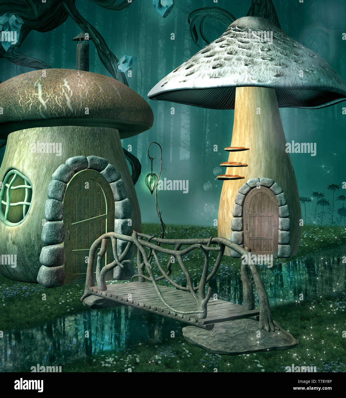 Little fantasy elf village in the night time Stock Photo