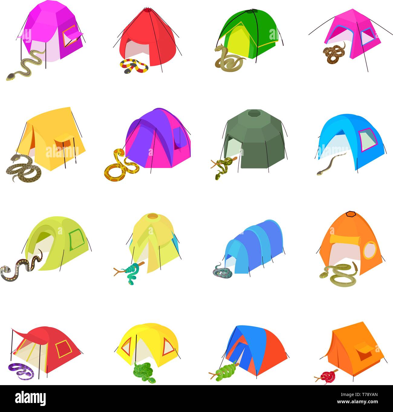 Snake attack icons set, isometric style Stock Vector