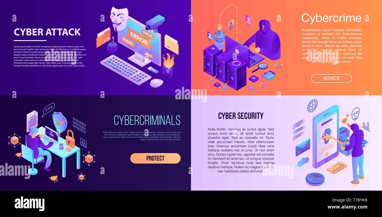 Cyber Attack Banner Set Isometric Style Stock Vector Art