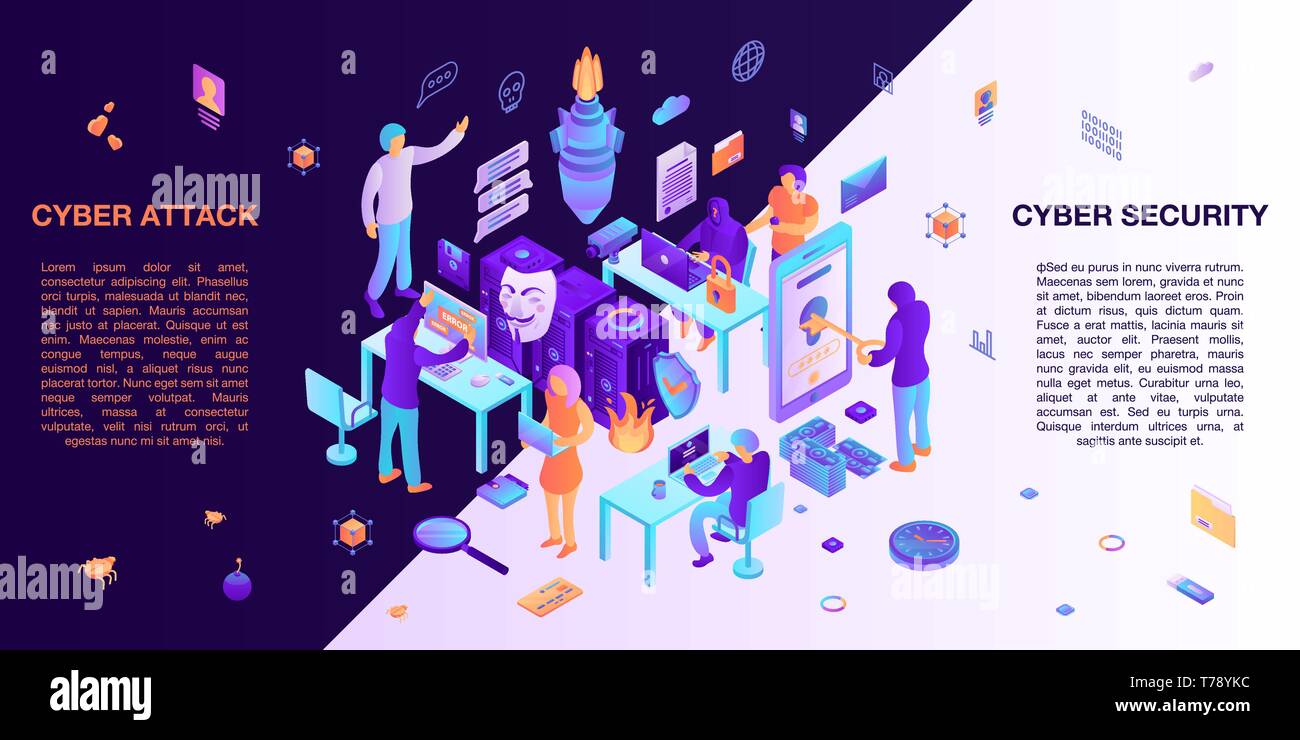 Cyber Attack Virus Concept Banner Isometric Style Stock Vector