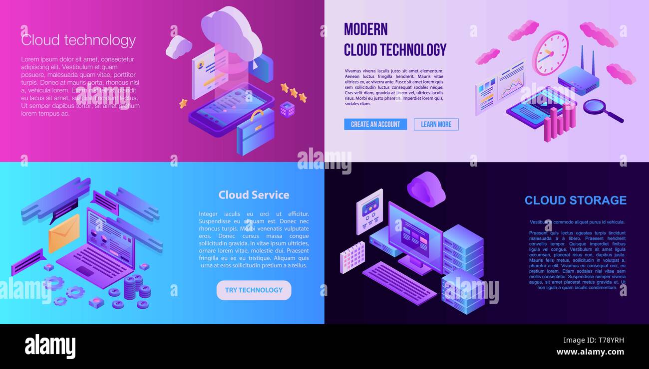 Cloud technology banner set, isometric style Stock Vector