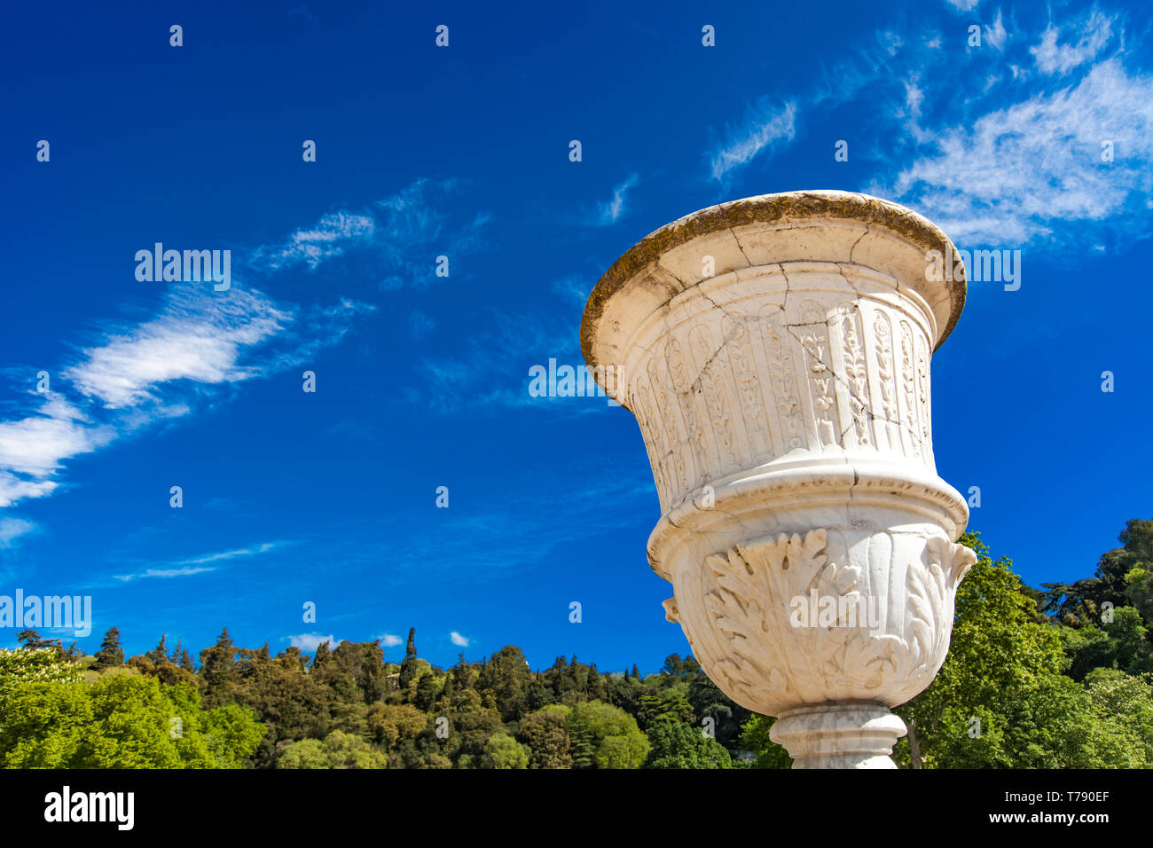 Statue of vase from Les Jardins de La Fontaine in Nimes, France Stock Photo