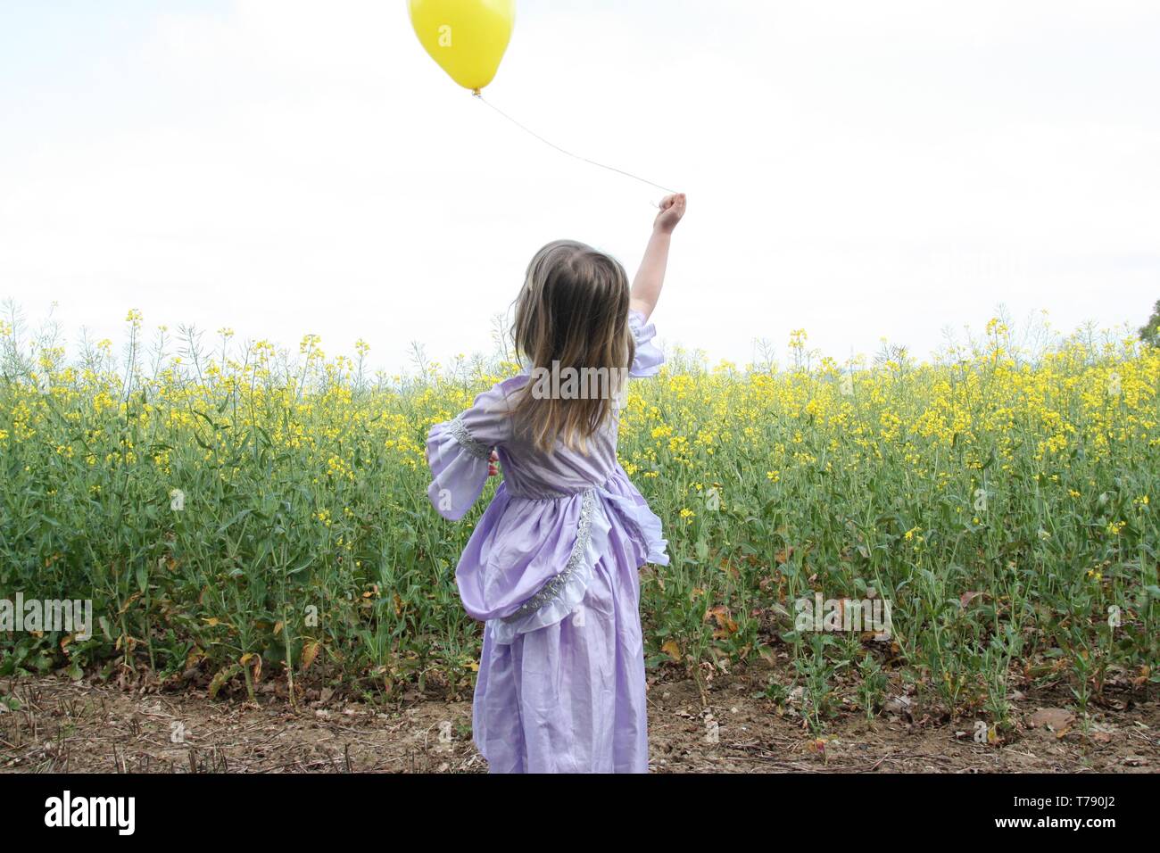 Girl in purple dress holding yellow balloon Stock Photo - Alamy