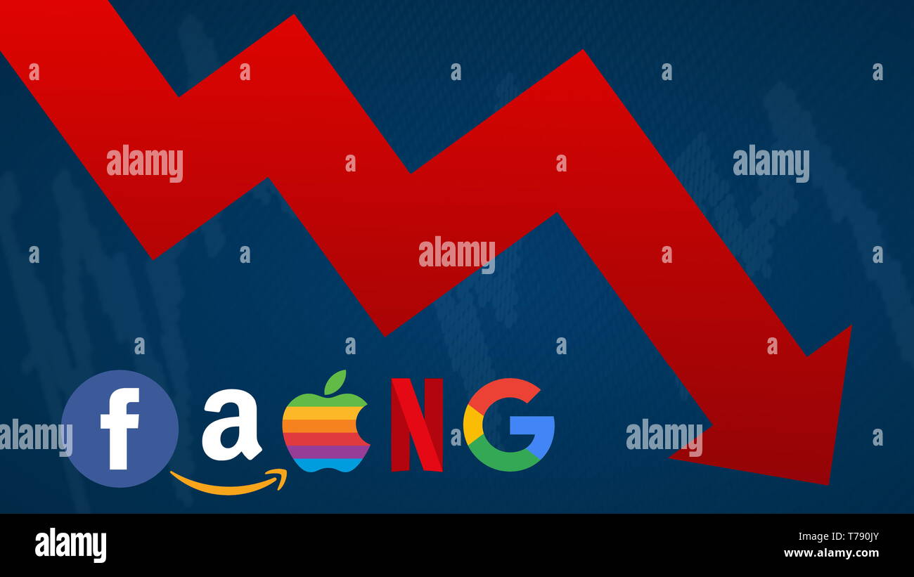 The FAANG stocks are going down. A red zig-zag arrow shows downwards. FAANG is an acronym for the 5 tech stocks, namely Facebook, Apple, Amazon,... Stock Photo