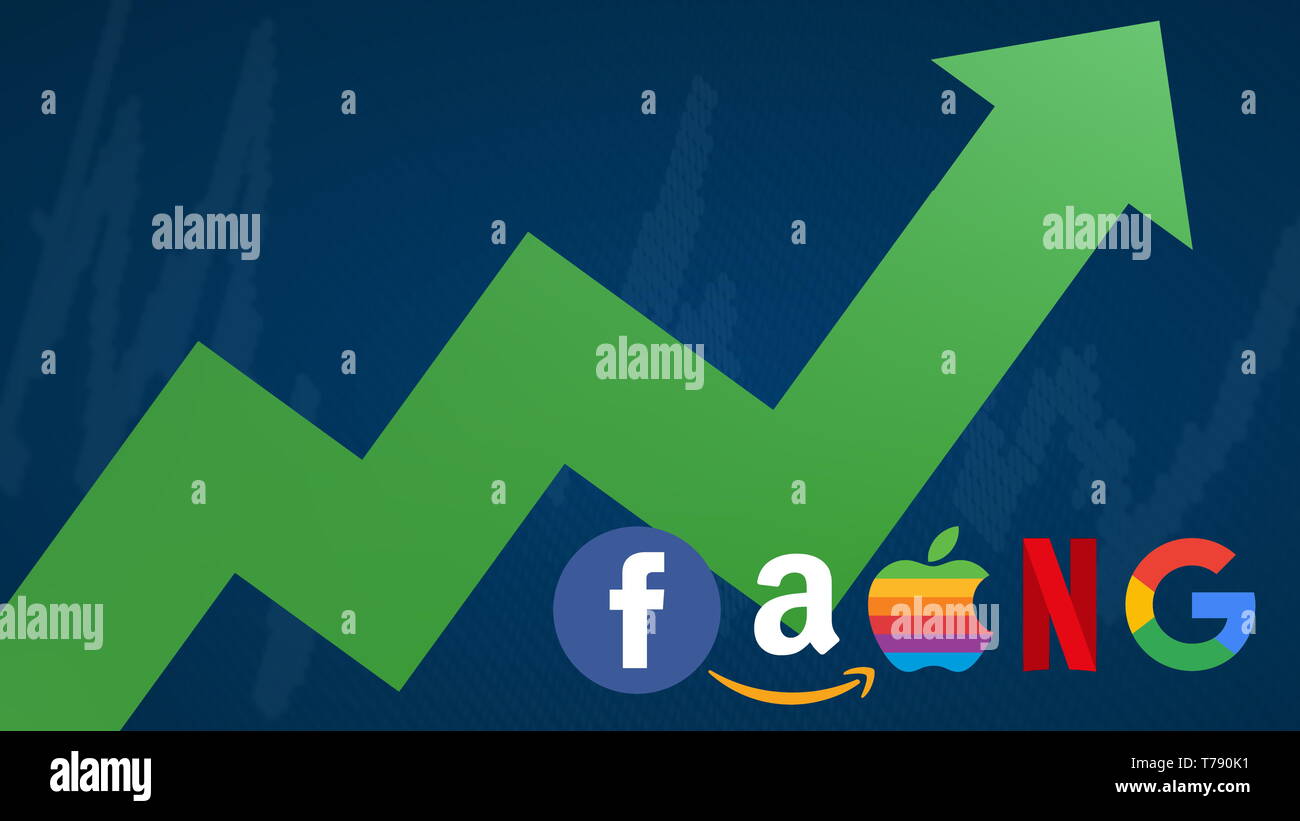 The FAANG stocks are going up. A green zig-zag arrow shows upwards. FAANG is an acronym for the 5 tech stocks, namely Facebook, Apple, Amazon, Netflix... Stock Photo