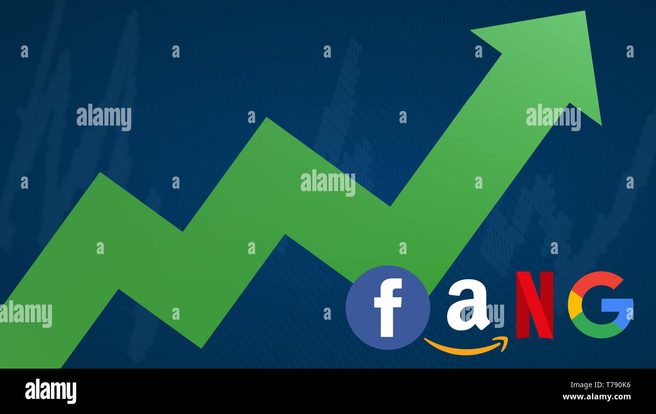 The FANG stocks are going up. A green zig-zag arrow shows upwards. FANG is the original acronym for the 4 tech stocks, namely Facebook, Amazon,... Stock Photo