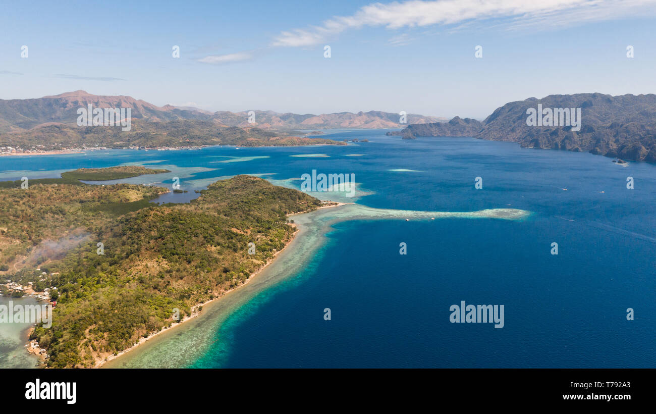 Beautiful archepilag with coral reefs.Tropical islands, view from above. Stock Photo