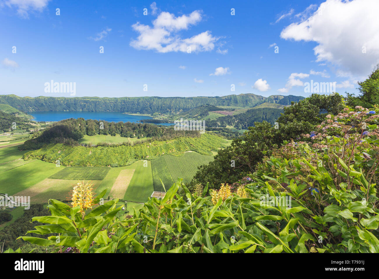 Lagoa das Sete Cidades is a twin lake situated in the crater of a dormant volcano on the Portuguese archipelago of the Azores Stock Photo