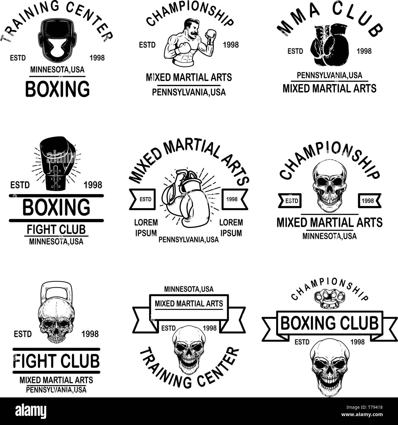 Set of mma and boxing club emblems. Design element for logo, label