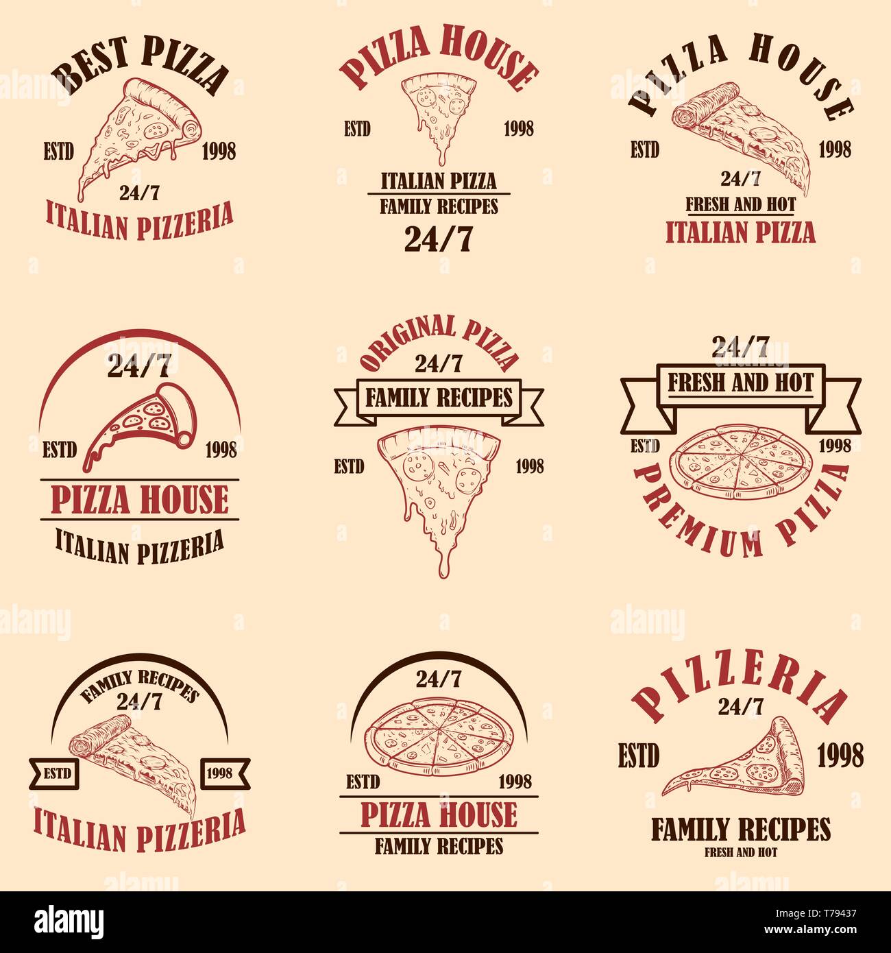 Set of pizza house, pizzeria emblems. Design element for poster, logo