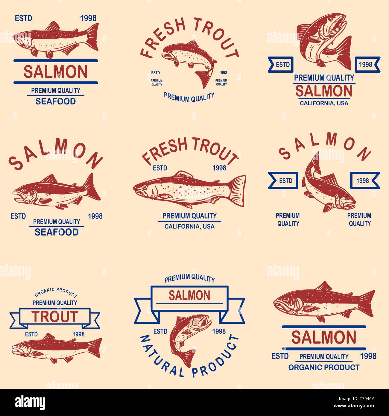 Set of salmon, trout seafood labels. Design element for logo