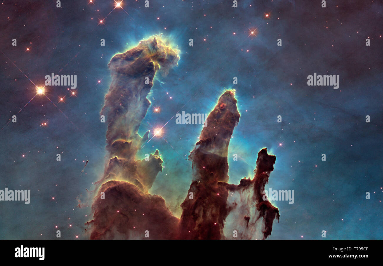 Deep space. Pillars of Creation and galaxies. Image in 5K ...
